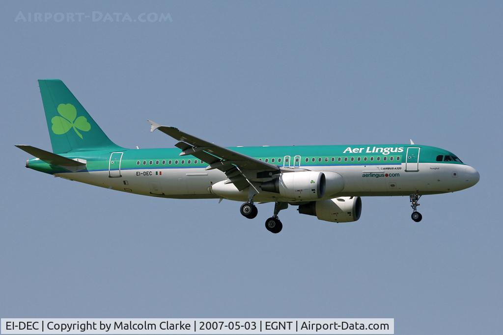 EI-DEC, 2004 Airbus A320-214 C/N 2217, Airbus A320-214. On approach to Rwy 07 at Newcastle Airport.