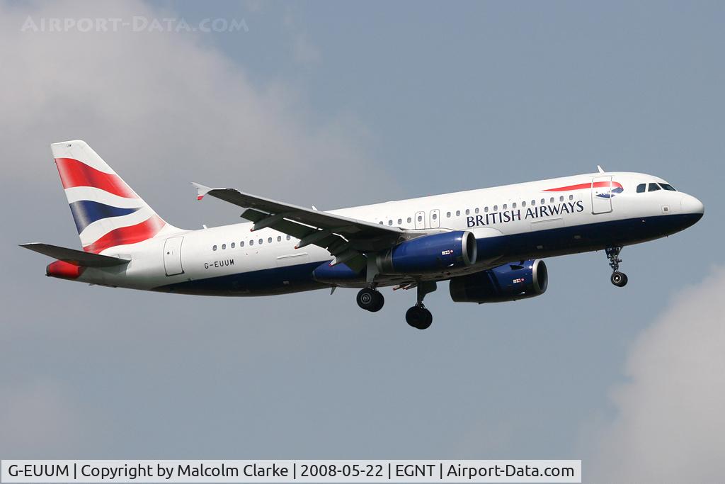 G-EUUM, 2002 Airbus A320-232 C/N 1907, Airbus A320-232. On approach to Rwy 07 at Newcastle Airport.