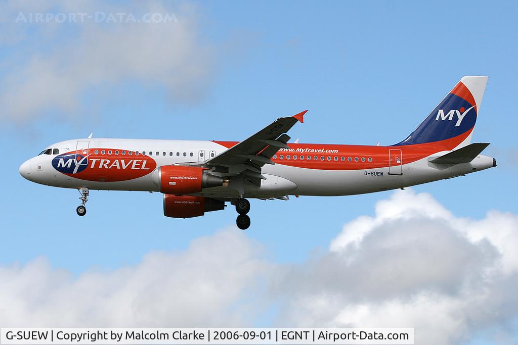 G-SUEW, 2003 Airbus A320-214 C/N 1961, Airbus A320-214. On approach to Rwy 25 at Newcastle Airport.