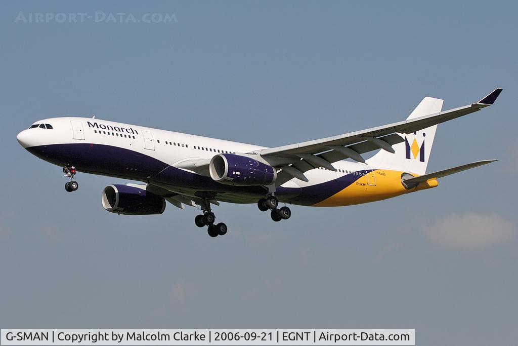 G-SMAN, 1999 Airbus A330-243 C/N 261, Airbus A330-243. On approach to Rwy 25 at Newcastle Airport.