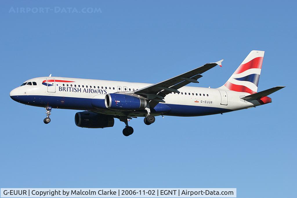 G-EUUR, 2003 Airbus A320-232 C/N 2040, Airbus A320-232. On approach to Rwy 25 at Newcastle Airport.