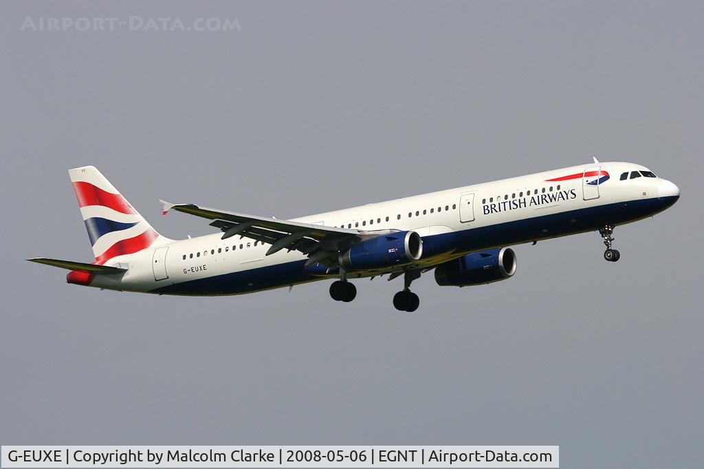 G-EUXE, 2004 Airbus A321-231 C/N 2323, Airbus A321-231. On approach to Rwy 07 at Newcastle Airport.