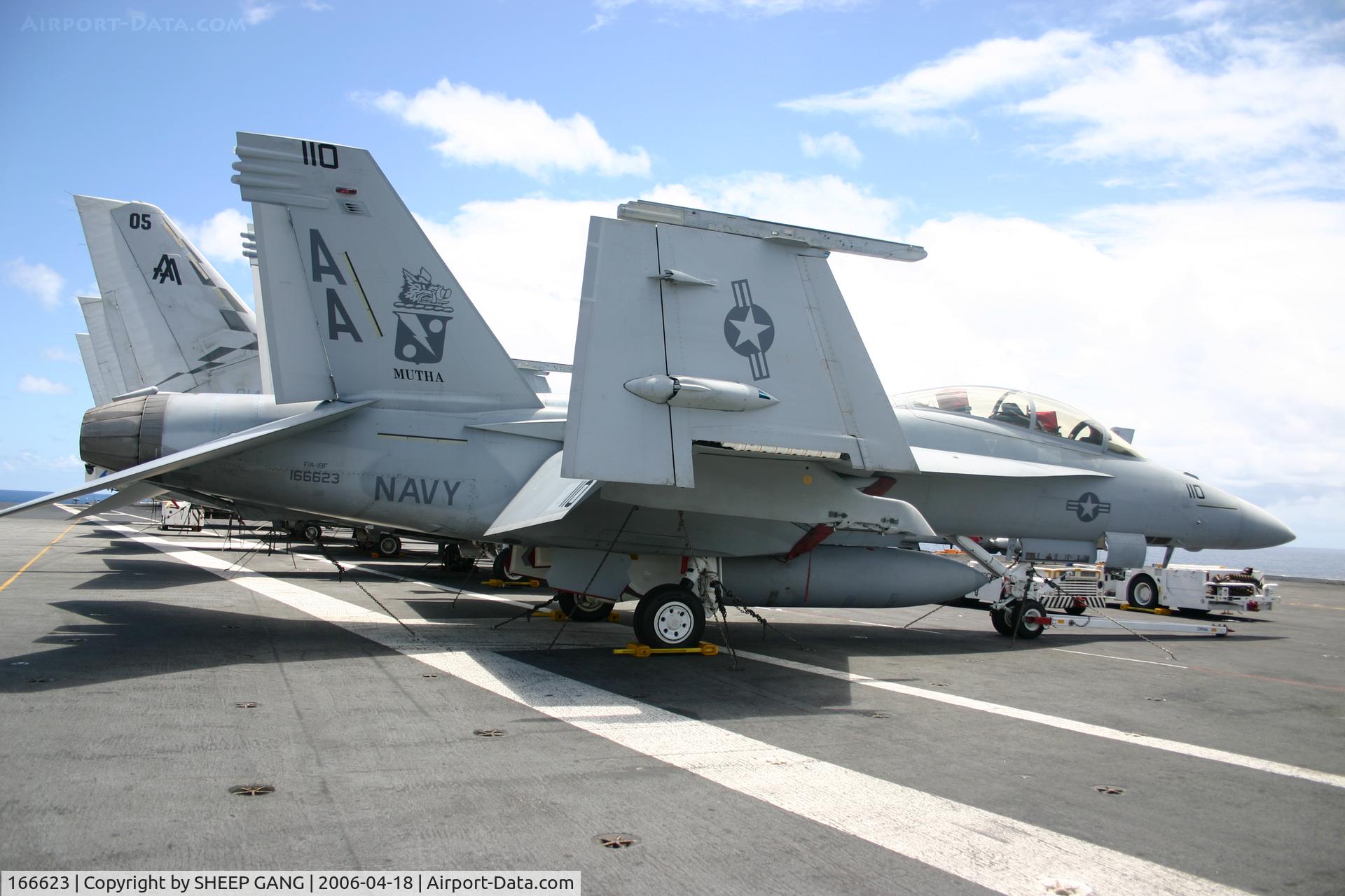 166623, Boeing F/A-18F Super Hornet C/N F116, well chain dow n on the deck of the USS george washington