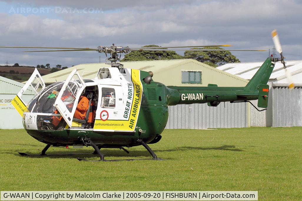 G-WAAN, 1971 MBB Bo-105DB C/N S.20, MBB BO 105DB. Great North Air Ambulance, a registered charity operating 3 emergency medical helicopters, covering 5,500 sq miles and 3.5 million people in the North of England. At Fishburn Airfield, Co Durham, UK in 2005.