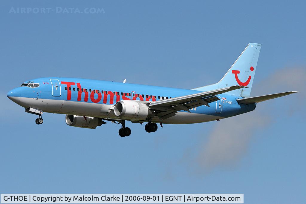 G-THOE, 1995 Boeing 737-3Q8 C/N 26313, Boeing 737-3Q8. On approach to Rwy 25 at Newcastle Airport.