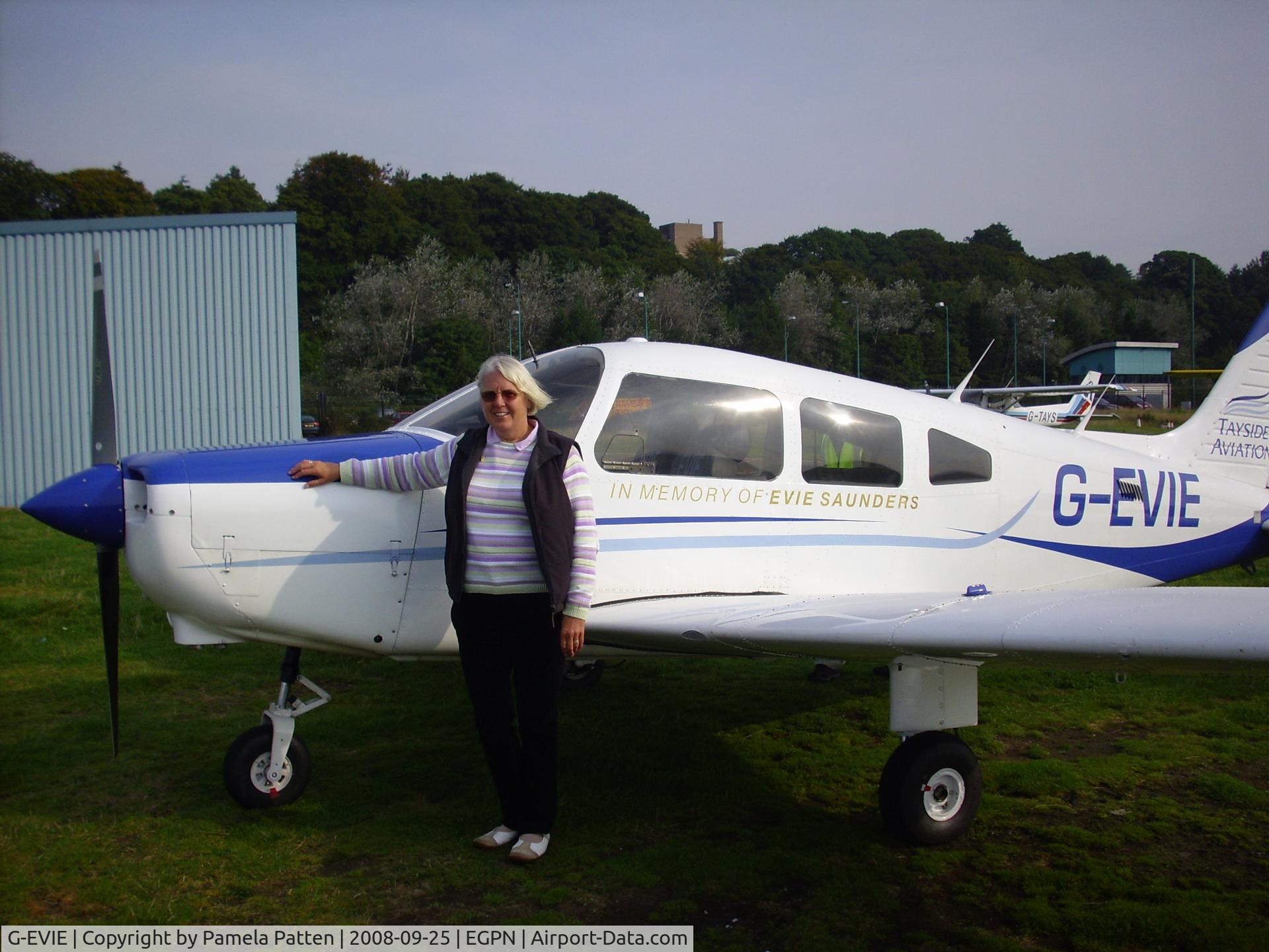G-EVIE, 1983 Piper PA-28-161 Cherokee Warrior II C/N 28-8316043, Pamela with G-EVIE her late mother's (Evie Saunders) aircraft