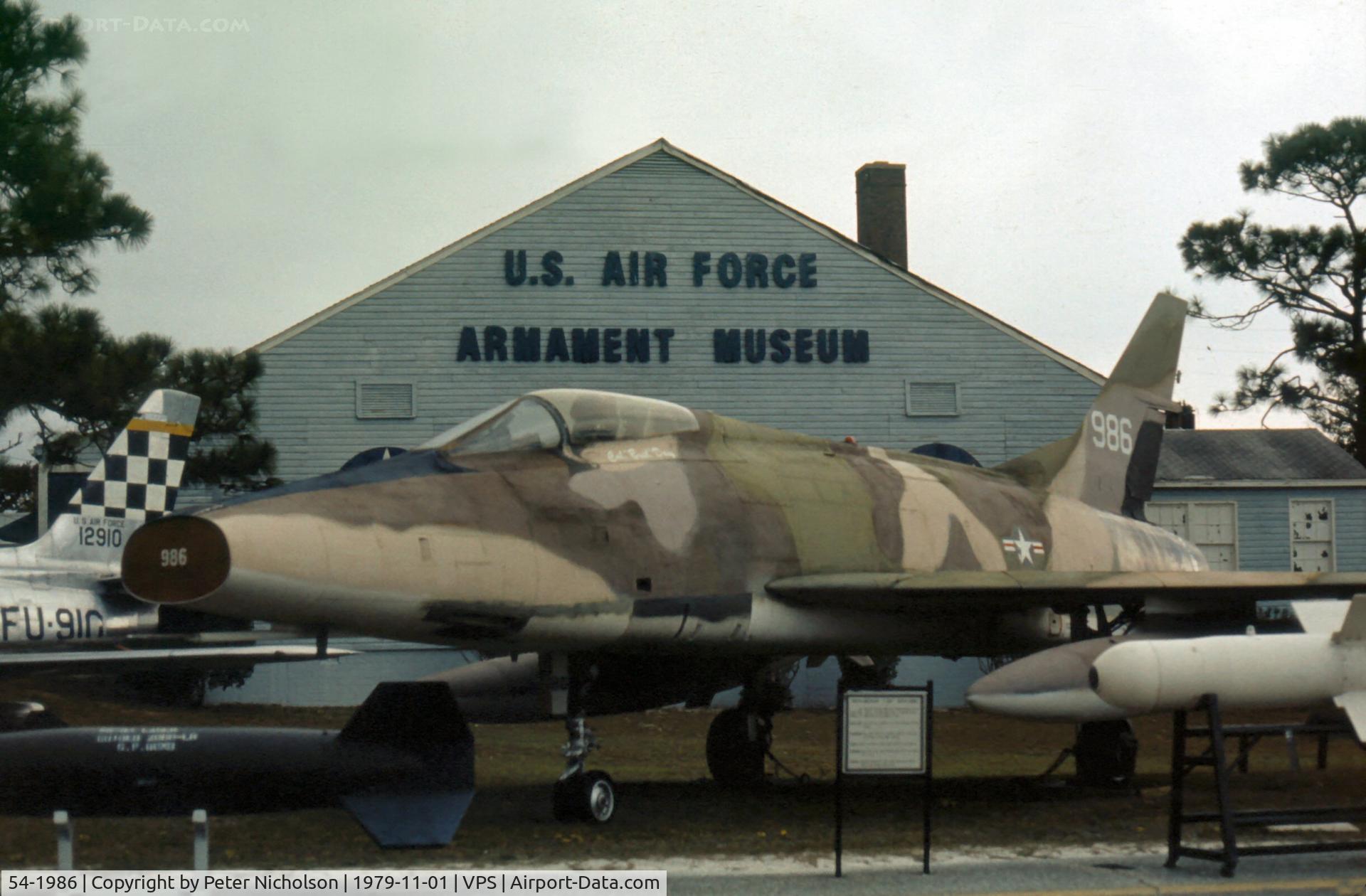54-1986, 1954 North American F-100C Super Sabre C/N 217-247, F-100C Super Sabre bearing the signature of Medal of Honour recipient Col Bud Day displayed in November 1979 at the USAF Armament Museum .