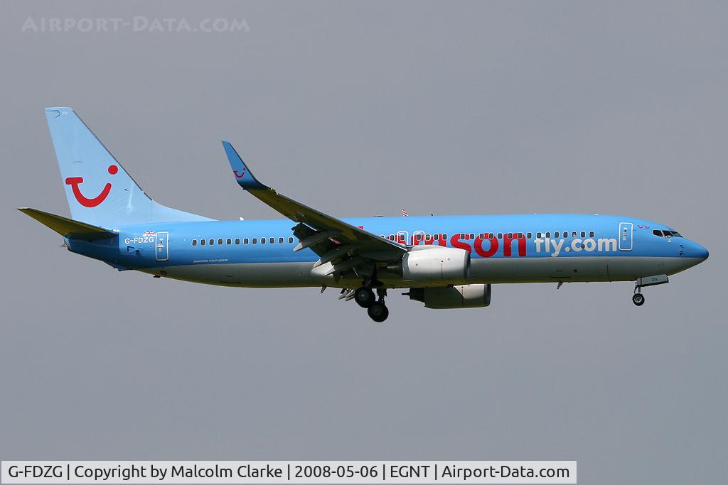 G-FDZG, 2008 Boeing 737-8K5 C/N 35139, Boeing 737-8K5. On approach to Rwy 07 at Newcastle Airport.