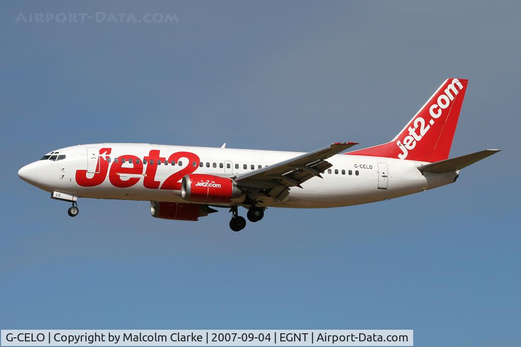 G-CELO, 1988 Boeing 737-33A(QC) C/N 24028, Boeing 737-33A. On approach to Rwy 25 at Newcastle Airport.