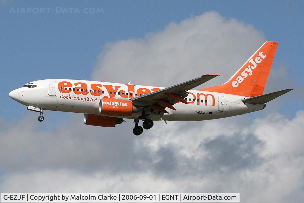 G-EZJF, 2001 Boeing 737-73V C/N 30243, Boeing 737-73V. On approach to Rwy 25 at Newcastle Airport.
