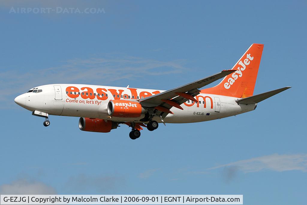 G-EZJG, 2001 Boeing 737-73V C/N 30239, Boeing 737-73V. On approach to Rwy 25 at Newcastle Airport.