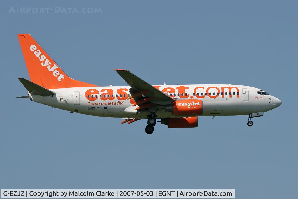 G-EZJZ, 2003 Boeing 737-73V C/N 32421, Boeing 737-73V. On approach to Rwy 07 at Newcastle Airport.
