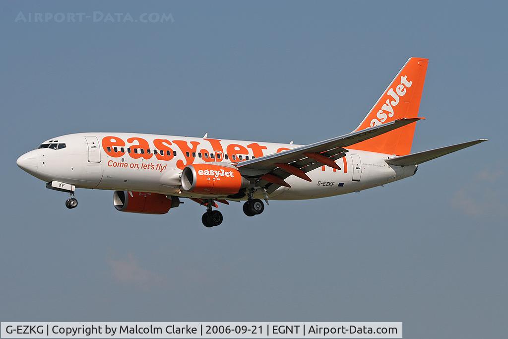G-EZKG, 2004 Boeing 737-73V C/N 32428, Boeing 737-73V. On approach to Rwy 07 at Newcastle Airport.