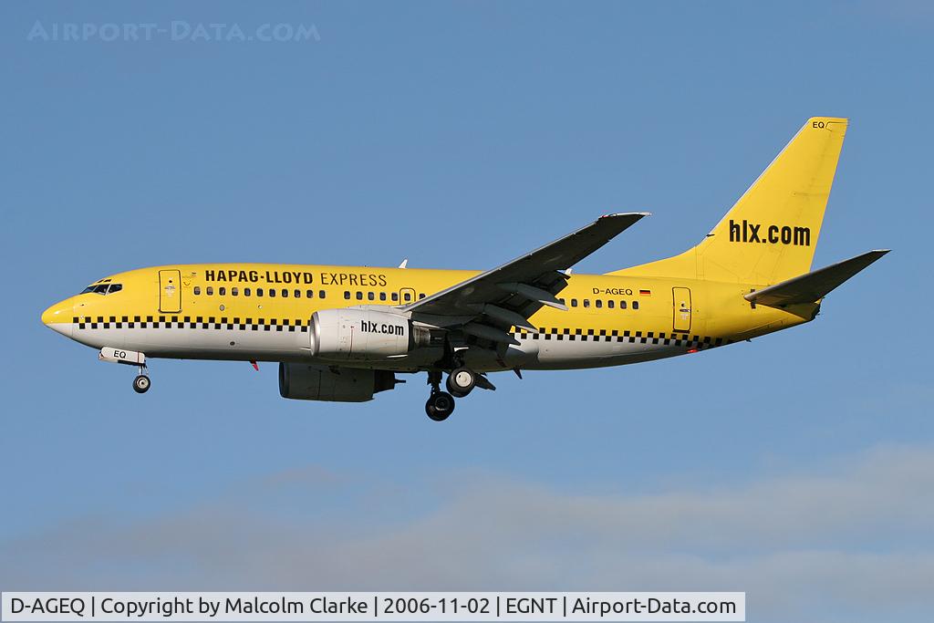 D-AGEQ, 1998 Boeing 737-75B C/N 28103, Boeing 737-75B. On approach to Rwy 25 at Newcastle Airport.