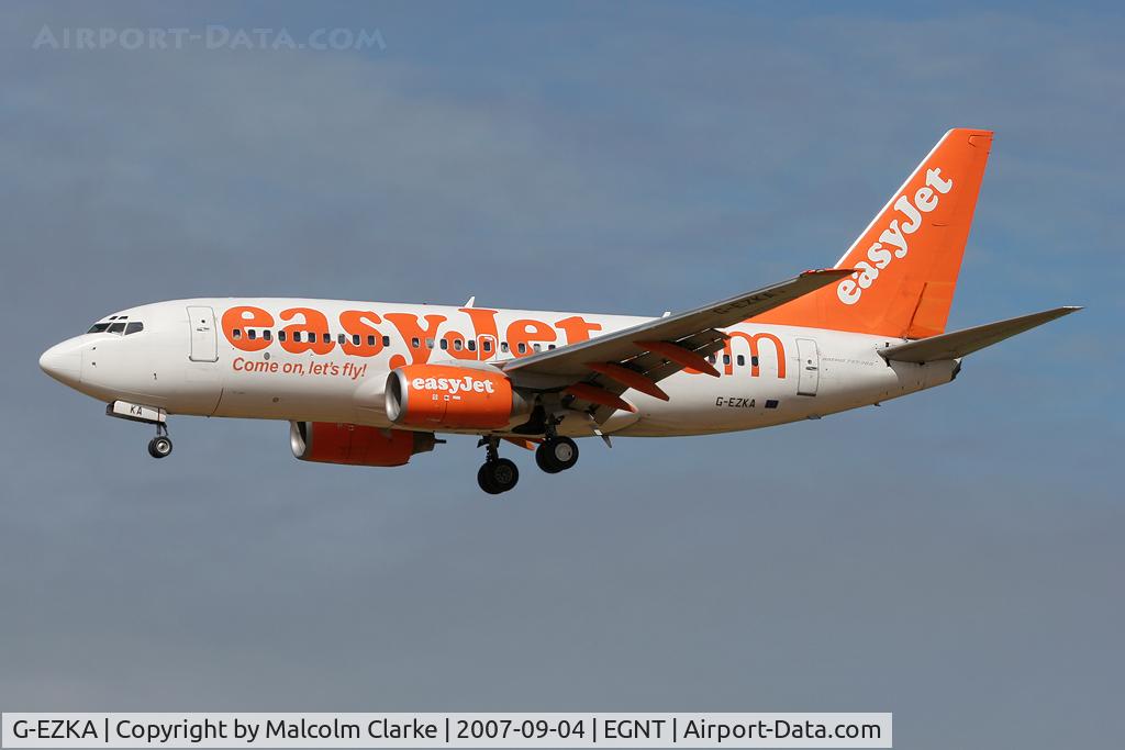G-EZKA, 2003 Boeing 737-73V C/N 32422, Boeing 737-73V on approach to Rwy 25 at Newcastle Airport.