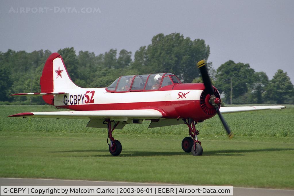 G-CBPY, 1980 Bacau Yak-52 C/N 800708, Bacau YAK-52. At Breighton Airfield, N Yorks, UK.
