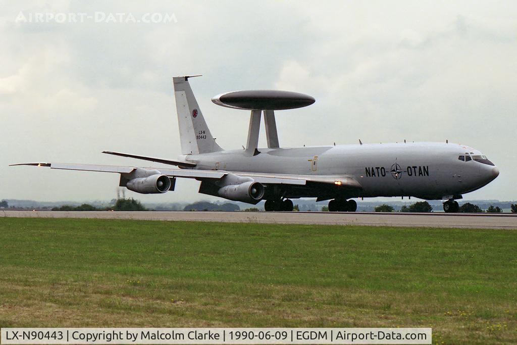 LX-N90443, 1981 Boeing E-3A Sentry C/N 22838, Boeing E-3A Sentry. In less than ideal weather conditions at Boscombe's Battle of Britain Air Show in 1990.
