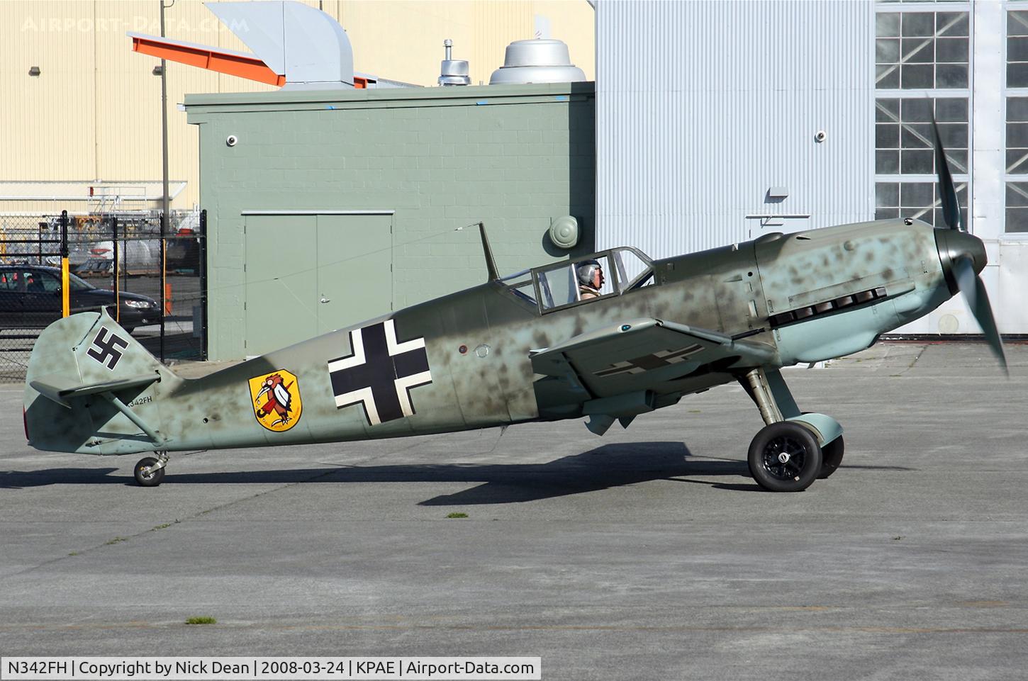 N342FH, 1939 Messerschmitt Bf-109E C/N 1342, KPAE Paul Allens spectacular 1939 BF109 arriving for the first time at its new home at KPAE in the Flying Heritage Collection