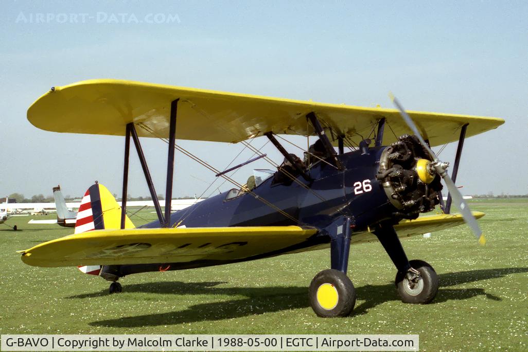 G-BAVO, 1945 Boeing PT-17 Kaydet (A75N1) C/N 3250-1405, Boeing A75N1 at Cranfield Airfield, UK in 1988.