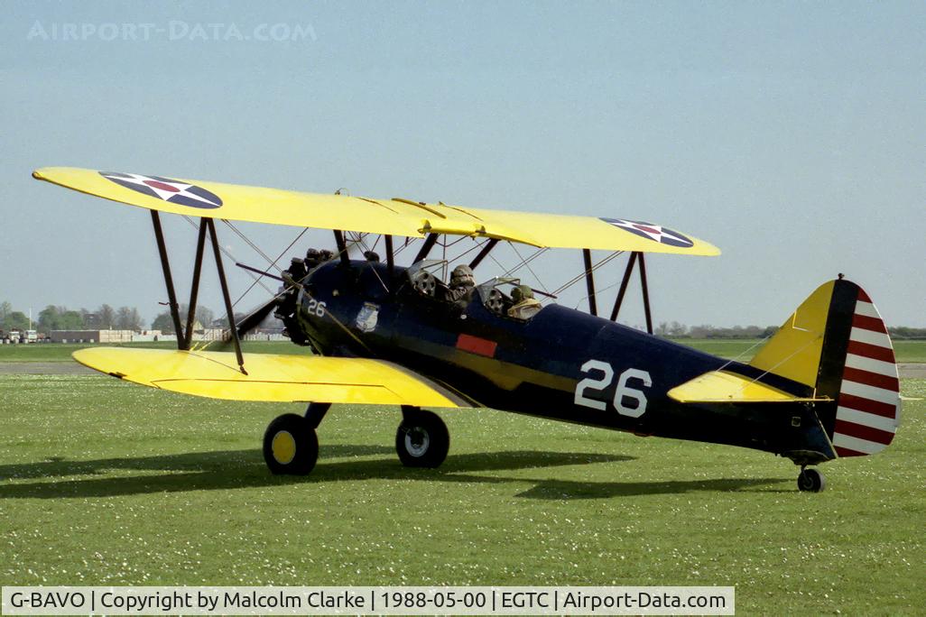 G-BAVO, 1945 Boeing PT-17 Kaydet (A75N1) C/N 3250-1405, Boeing A75N1. At Cranfield Airfield, UK in 1988.