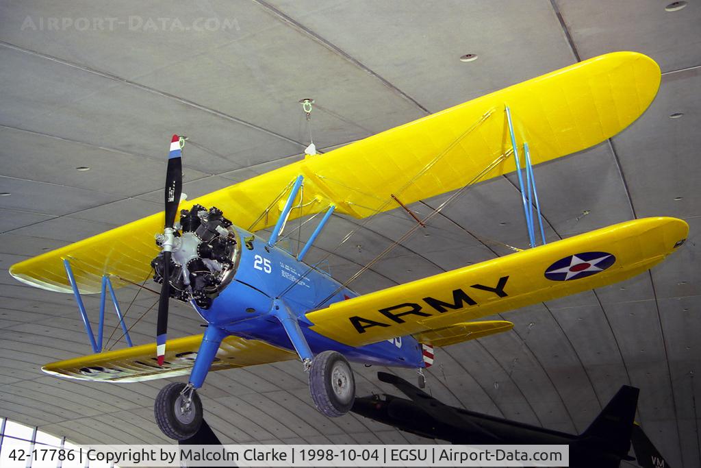 42-17786, 1941 Boeing PT-17 Kaydet (A75N1) C/N 75-1728, Boeing Stearman PT-17 Kaydet. Formerly CF-EQS and seen here at the American Air Museum, Duxford in 1998.