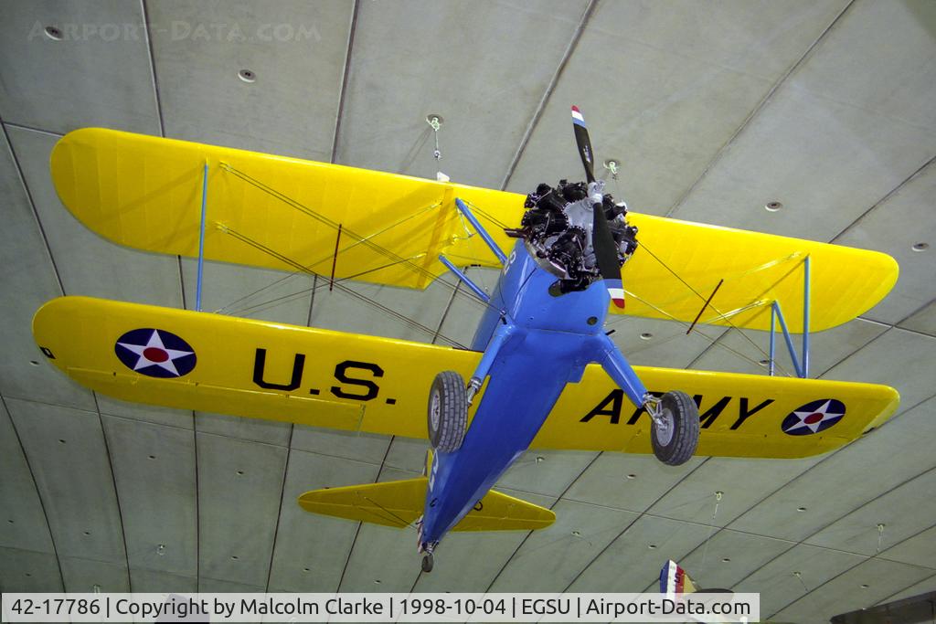 42-17786, 1941 Boeing PT-17 Kaydet (A75N1) C/N 75-1728, Boeing Stearman PT-17 Kaydet. Formerly CF-EQS and seen here at the American Air Museum, Duxford in 1998.