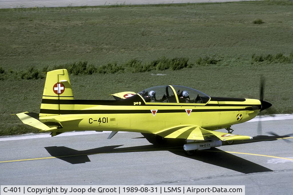 C-401, 1988 Pilatus PC-9 C/N 119, ZFK 5. When the first PC-9's were delivered they received the badge of Zielfliegerkorps 5. This was later changed into Zielfliegerstaffel 12. See the difference..?