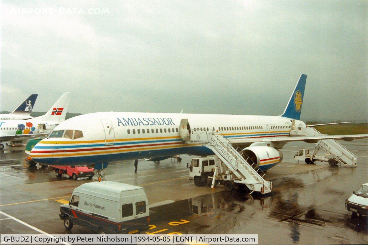 G-BUDZ, 1992 Boeing 757-236 C/N 25593, Ambassador Airways Boeing 757 preparing for flight to Cyprus from Newcastle in May 1994.