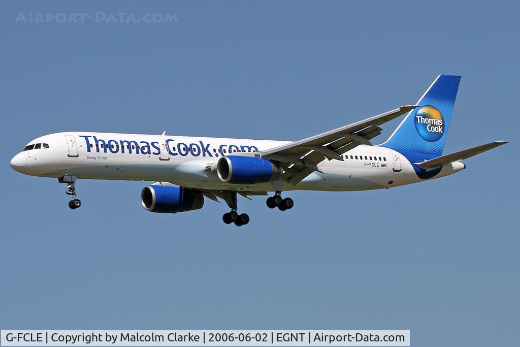 G-FCLE, 1998 Boeing 757-28A C/N 28171, Boeing 757-28A on approach to Rwy 25 at Newcastle Airport.