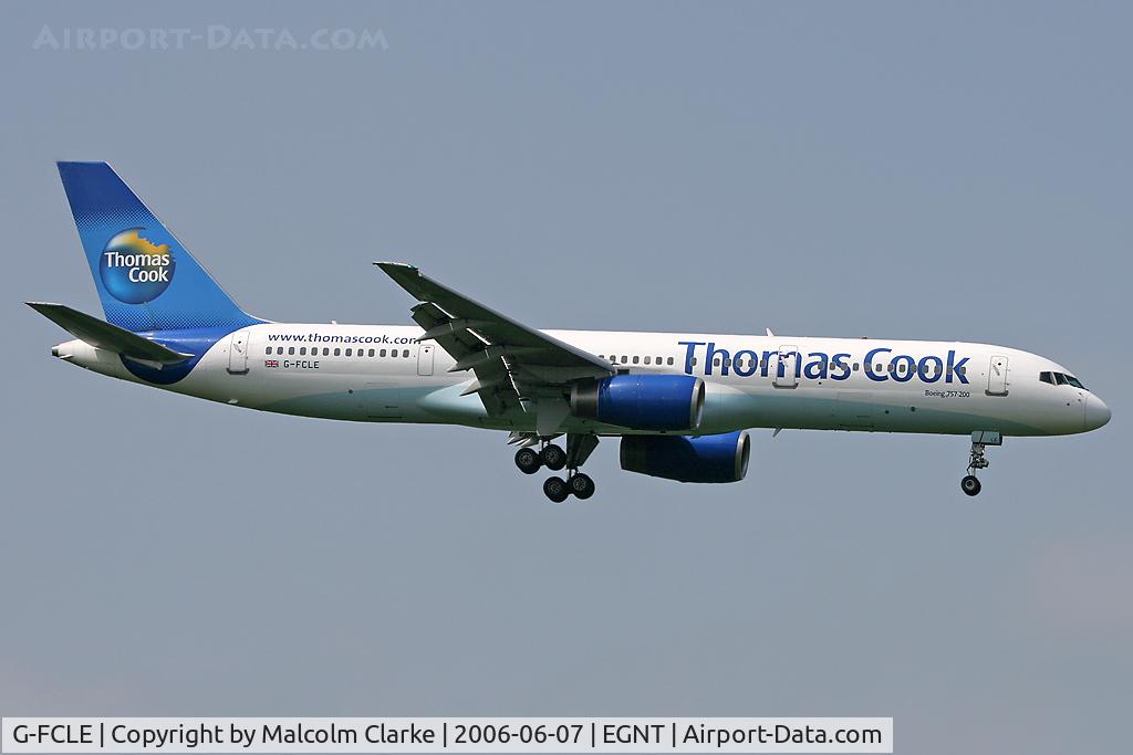 G-FCLE, 1998 Boeing 757-28A C/N 28171, Boeing 757-28A on approach to Rwy 07 at Newcastle Airport.