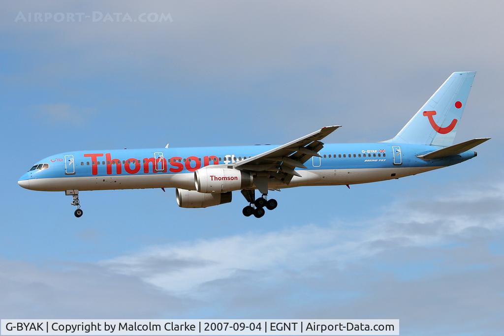 G-BYAK, 1993 Boeing 757-204 C/N 26267, Boeing 757-204 on approach to Rwy 25 at Newcastle Airport.