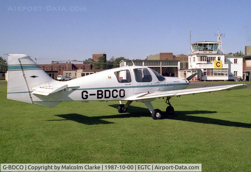 G-BDCO, 1969 Beagle B-121 Pup Series 1 (Pup 100) C/N B121-171, Beagle B121 Series 1 in 1987 with Cranfield Airport's control tower in the background. Previous ID N1931G