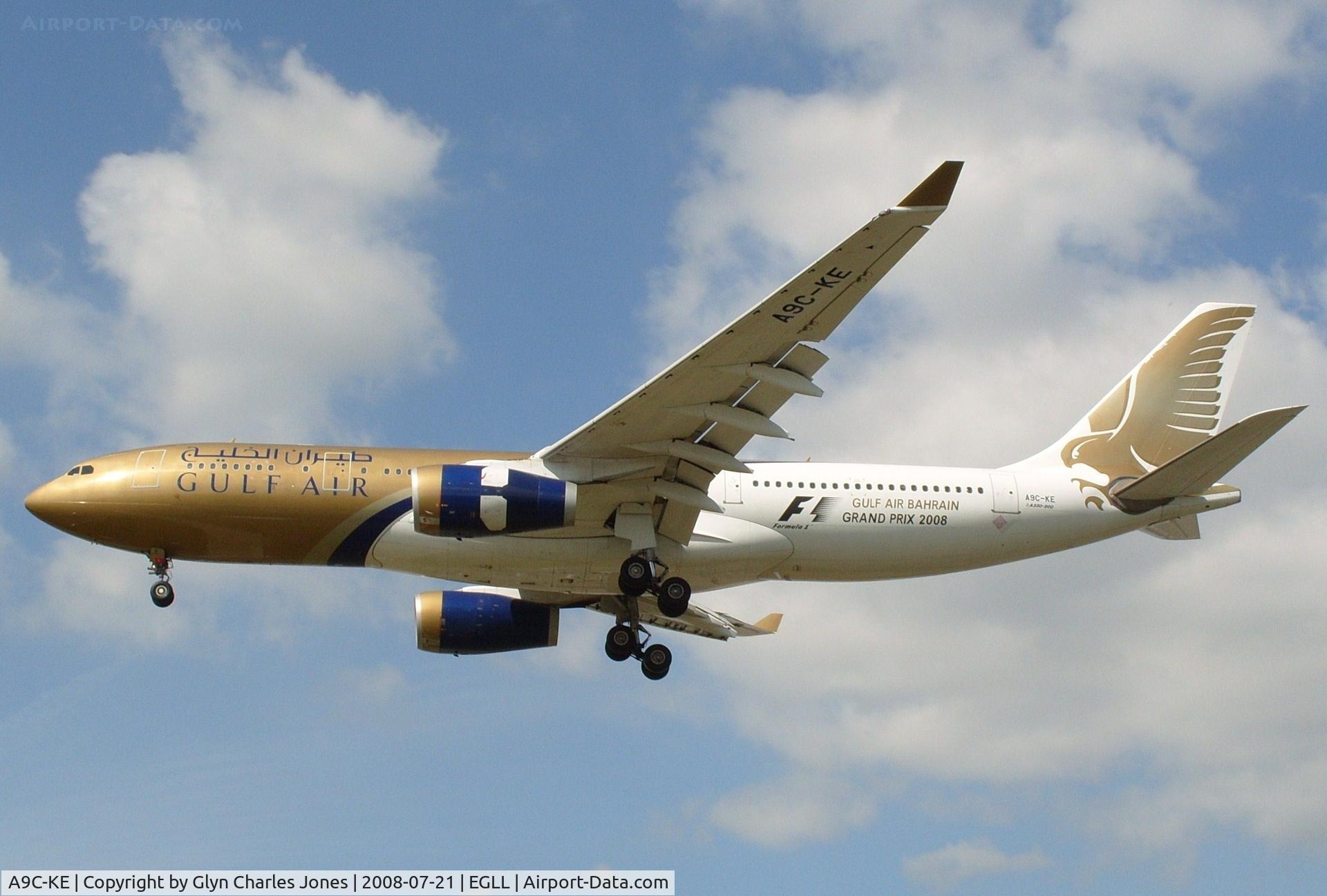 A9C-KE, 2000 Airbus A330-243 C/N 334, On finals to runway 27L with 'F1 Bahrain Grand Prix 2008' titles. Previously A4O-KE, PT-MSD and test registration F-WWKU. Operated by Gulf Air.