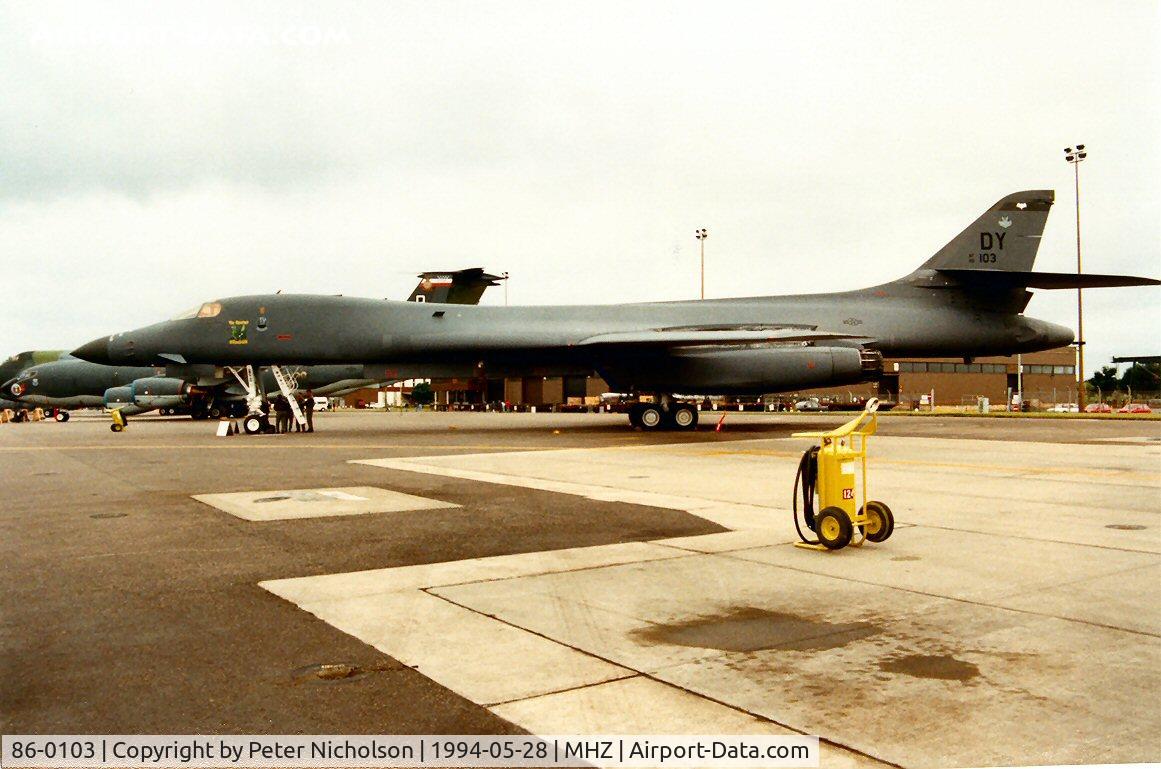 86-0103, 1986 Rockwell B-1B Lancer C/N 63, B-1B Lancer named The Reluctant Dragon of 23rd Bomb Squadron/7th Bombardment Wing on display at the 1994 Mildenhall Air Fete.