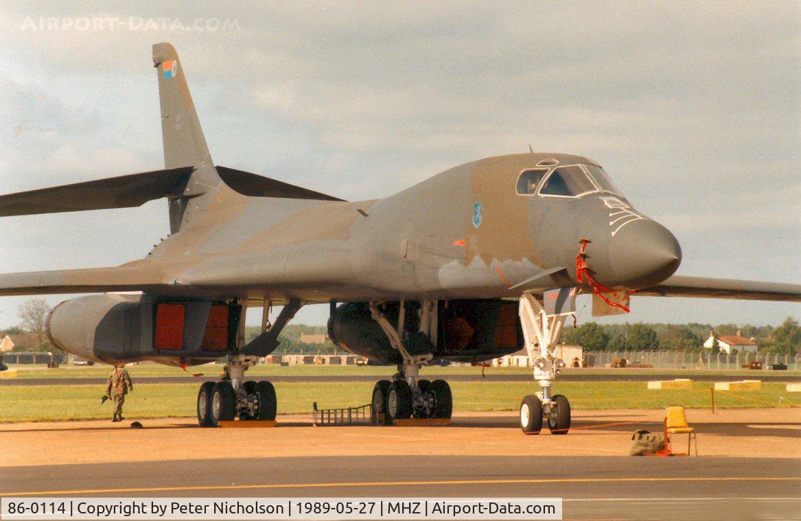 86-0114, 1986 Rockwell B-1B Lancer C/N 74, B-1B Lancer, callsign Norse 13, of 319th Bombardment Wing on display at the 1989 Mildenhall Air Fete.
