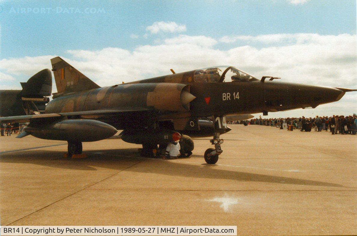 BR14, SABCA Mirage 5BR C/N 314, Another view of the 42 Squadron Mirage 5BR of the Belgian Air Force at the 1989 Mildenhall Air Fete.