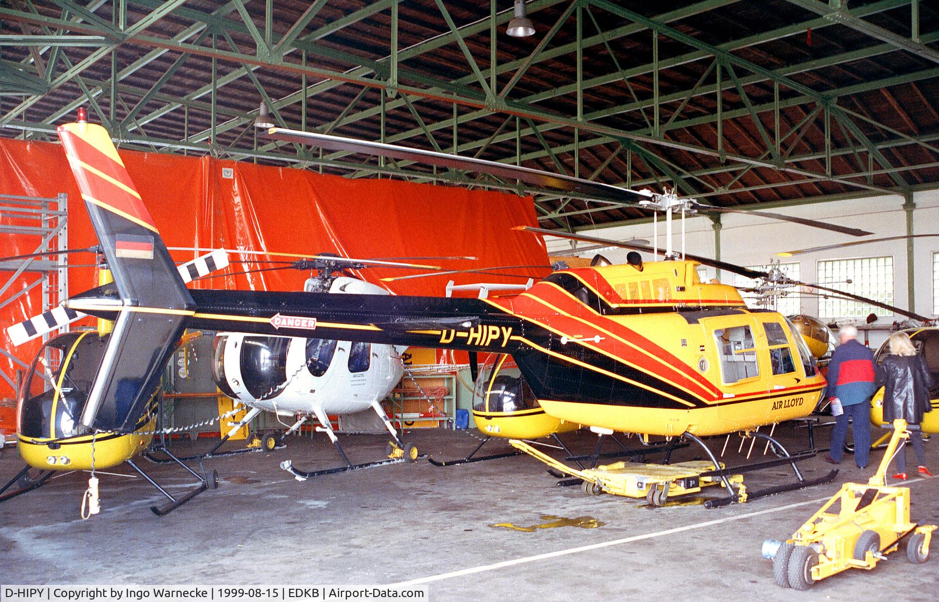 D-HIPY, Bell 206B JetRanger III C/N 4186, Bell 206B-3 JetRanger III of Air Lloyd in their hangar at the Bonn-Hangelar 90-year jubilee-airshow