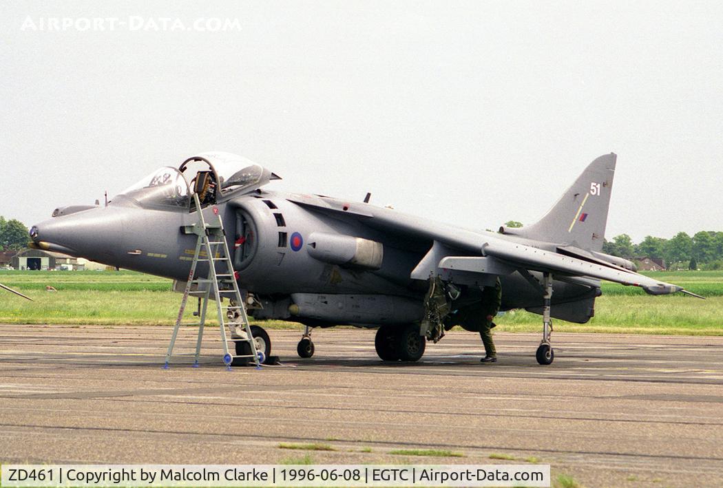 ZD461, 1989 British Aerospace Harrier GR.7 C/N P51, British Aerospace Harrier GR7 from RAF HOCU/No 20(R) Sqn, RAF Wittering and seen at the airshow celebrating the 50th Anniversary of the Cranfield's College of Aeronautics in 1996.