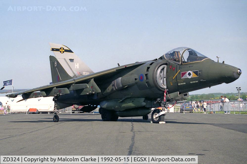 ZD324, 1987 British Aerospace Harrier GR.5 C/N 512112/P5, British Aerospace Harrier GR5 from RAF No 233 OCU, Wittering at Airshow Europe in 1992.