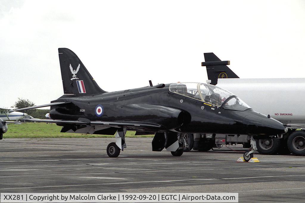 XX281, 1979 Hawker Siddeley Hawk T.1A C/N 106/312106, British Aerospace Hawk T1A from RAF No 7 FTS/19(R) Sqn, Chivenor at Cranfield's Dreamflight Air Show in 1992.