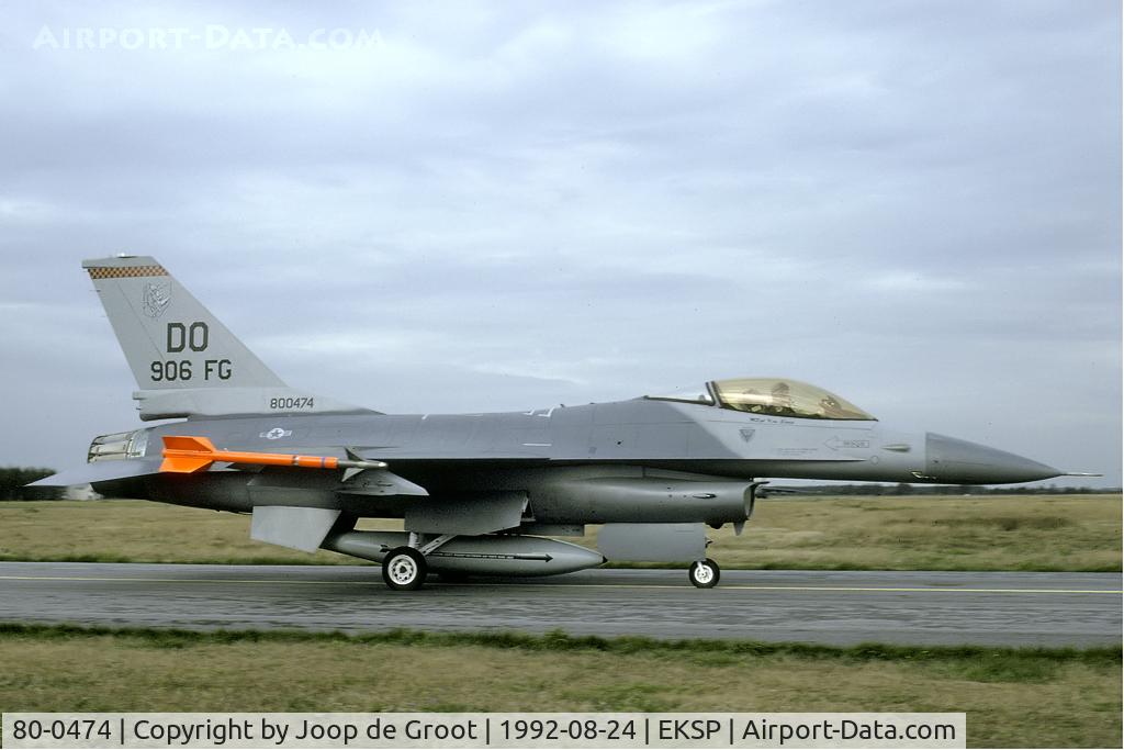 80-0474, General Dynamics F-16A Fighting Falcon C/N 61-195, The 906th FG of AFRES deployed to Europe for the 1992 Tactical Fighter Weaponry in Denmark. After 906 FG disbanded this airframe was delivered to the AMARC storage and departed to Italy afterwards. There it's being used for spares recovery.
