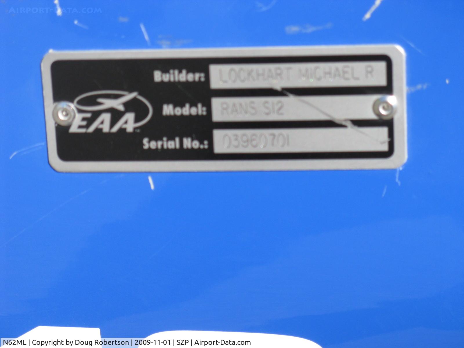N62ML, Rans S-12 Airaile C/N 03960701, 2008 Lockhart RANS S-12 AIRAILE, Rotax pusher, builder plate