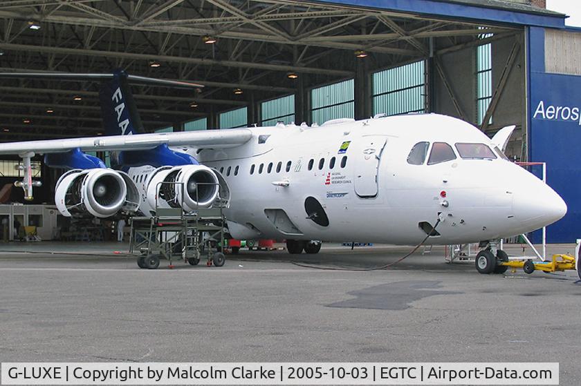 G-LUXE, 1981 British Aerospace BAe.146-301 C/N E3001, British Aerospace BAe-146-301ARA at Cranfield Airport in 2005. Ex BAe146-100 G-SSSH cn E1001. Employed in atmospheric investigations and research. 