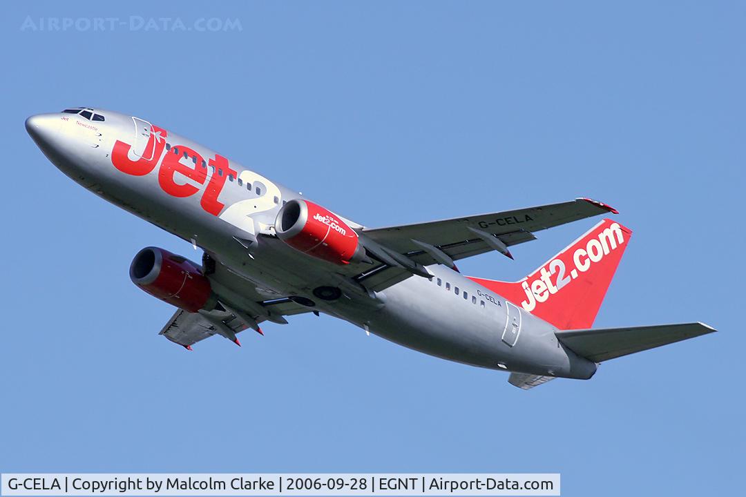 G-CELA, 1986 Boeing 737-377(QC) C/N 23663, Boeing 737-377 on take-off at Newcastle, UK.