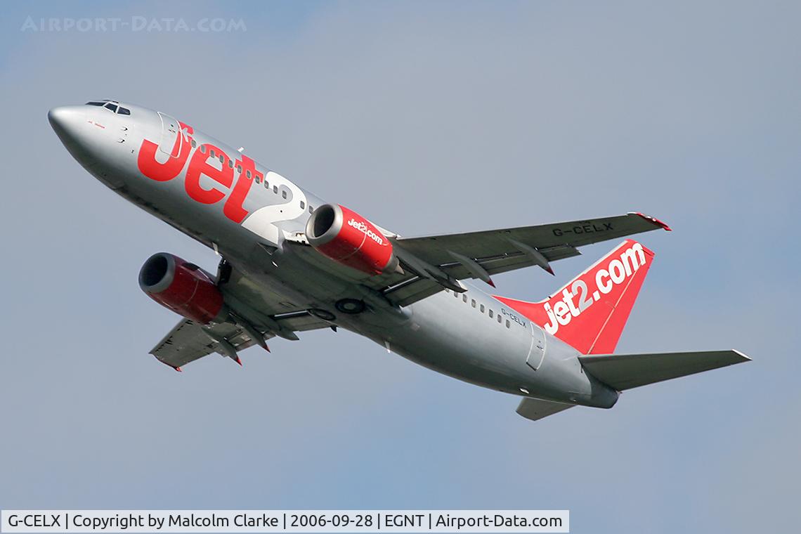 G-CELX, 1986 Boeing 737-377(QC) C/N 23654, Boeing 737-377 on take-off at Newcastle, UK.