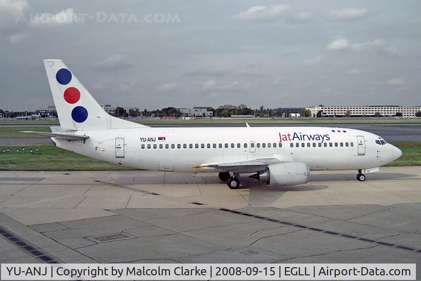 YU-ANJ, 1986 Boeing 737-3H9 C/N 23714/1305, Boeing 737-3H9 taxying to stand at London Heathrow in 2008.