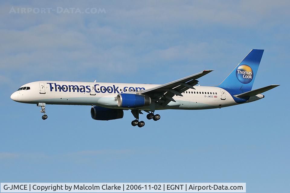 G-JMCE, 2000 Boeing 757-25F C/N 30758, Boeing 757-25F on approach to rwy 25 at Newcastle.