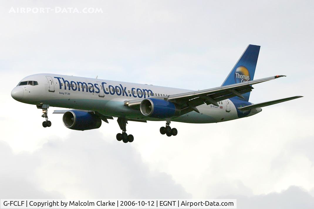 G-FCLF, 1999 Boeing 757-28A C/N 28835, Boeing 757-28A on approach to rwy 25 at Newcastle.
