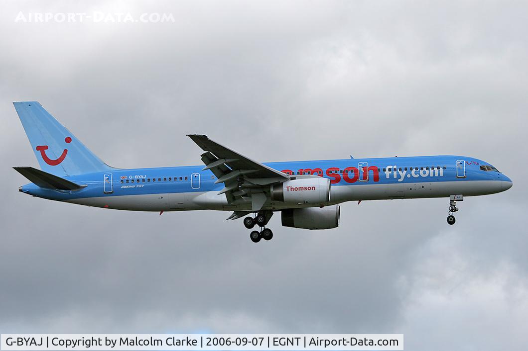 G-BYAJ, 1993 Boeing 757-204 C/N 25623, Boeing 757-204 on approach to rwy 07 at Newcastle.