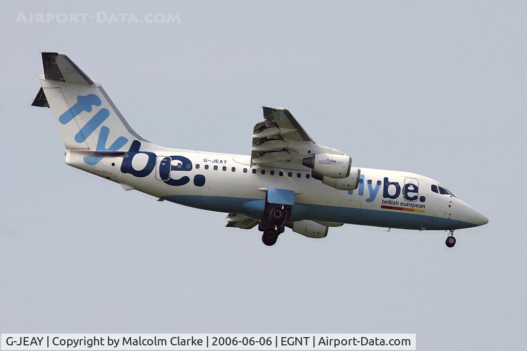 G-JEAY, 1989 British Aerospace BAe.146-200 C/N E2138, British Aerospace BAe146-200 on approach to rwy 07 at Newcastle, UK.
